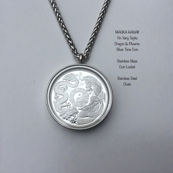 Yin Yang Taijitu Silver Tone Coin & Glass Stainless Locket 60cm Stainless Chain - Picture 2 of 10